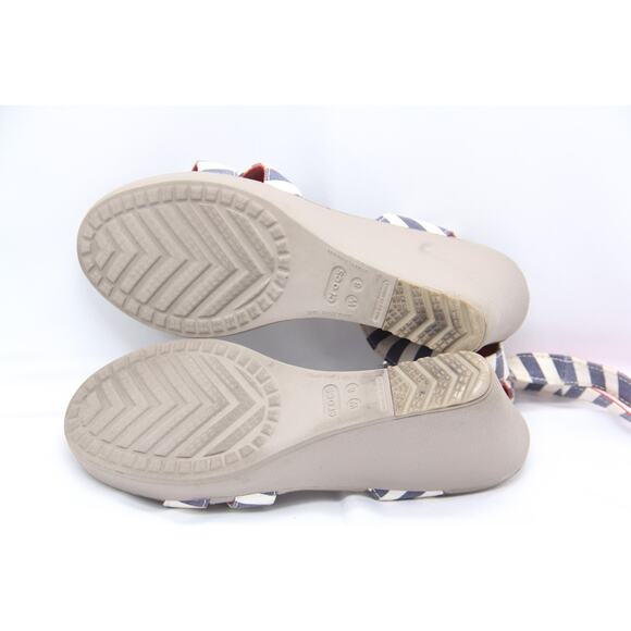 Crocs Leigh Sandals Womens Size 8 Navy White Stripe Wedge Platform Ankle Strap - Picture 6 of 7